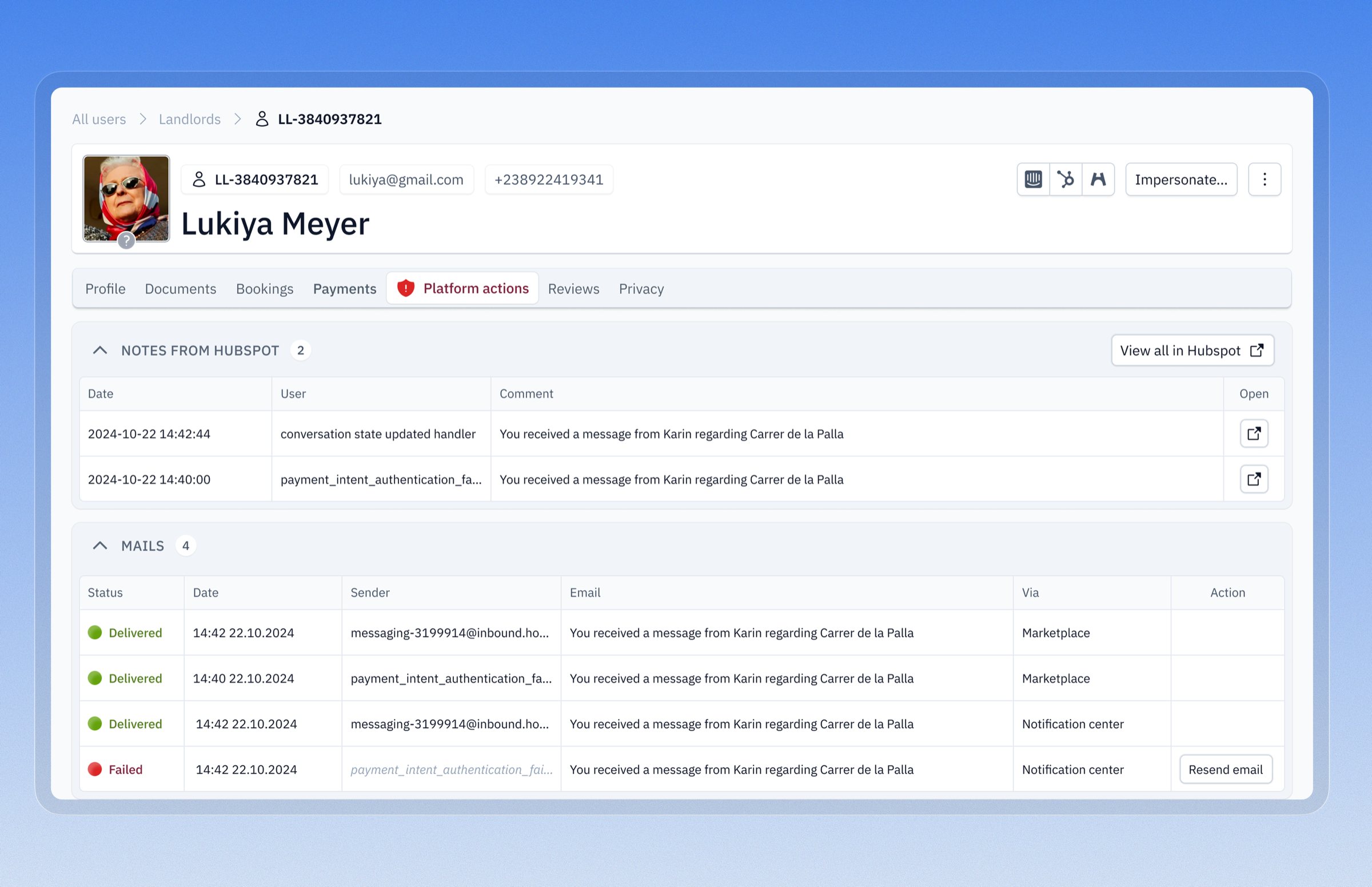 Landlord user page with HubSpot notes and mail