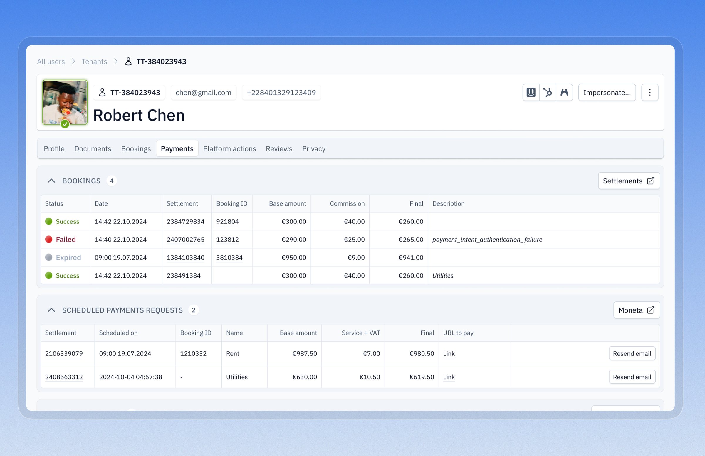 Tenant user page with bookings and scheduled payments