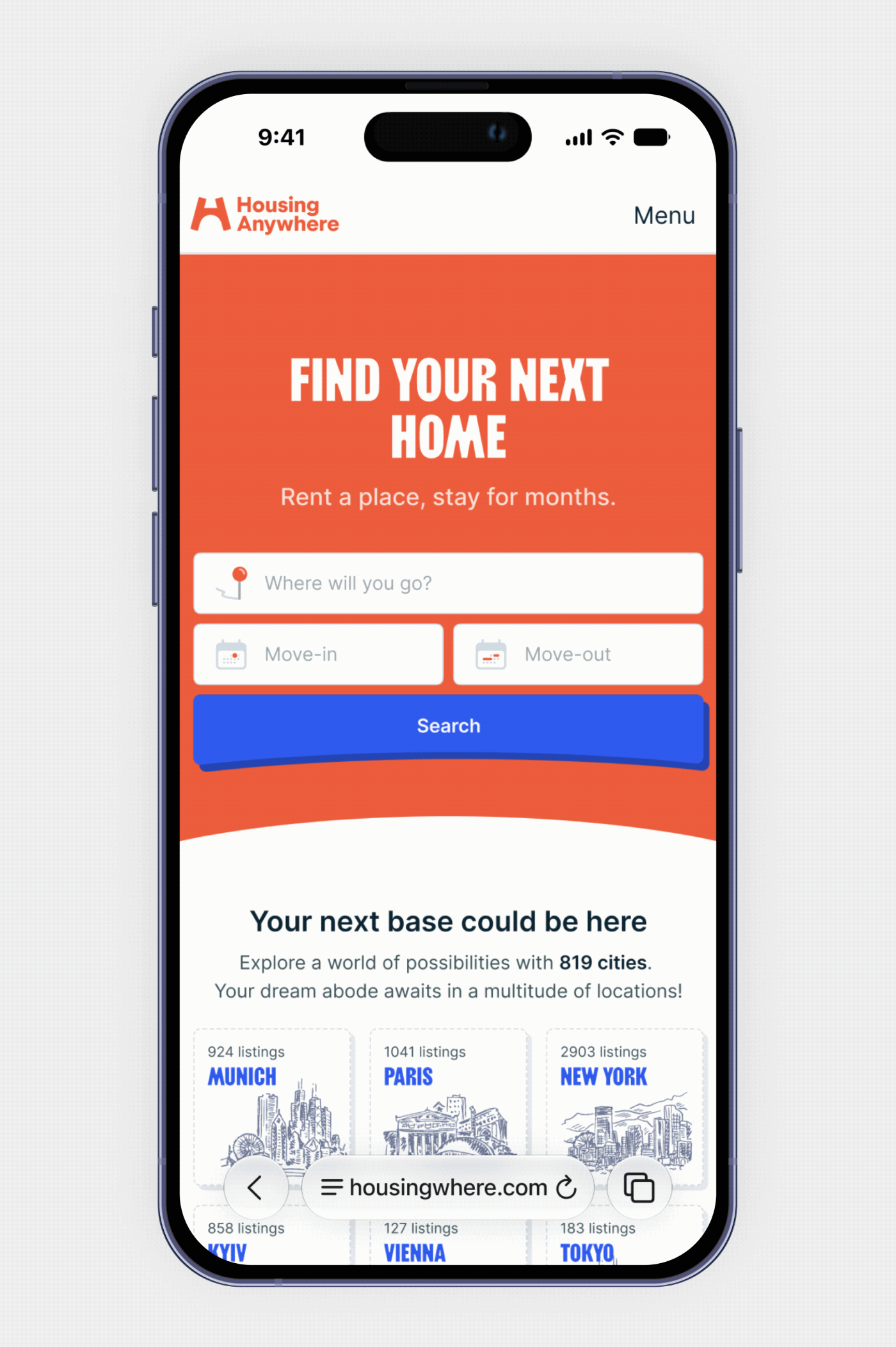 Housing Anywhere mobile homepage animation